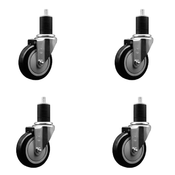 4'' SS Black Poly Wheel Swivel 1-3/4'' Expanding Stem Caster Set, 4PK